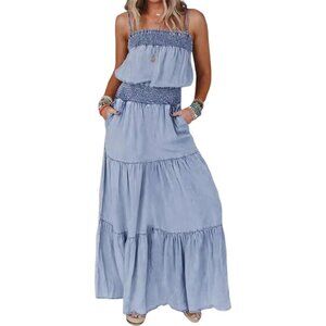 Women’s Boho Denim Dress Smocked Sleeveless Tiered Ruffle A-Line Sundress